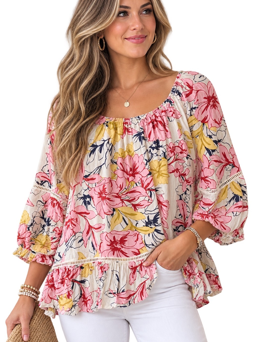 Fever Floral Scoop-Neck Ruffle Blouse in Pink and Yellow size Small